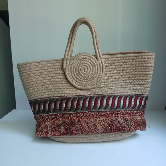 Soft Natural Rope Satchel Tote Bag Rich Circular Handle Embroidery & Fringe - Picture 4 of 9